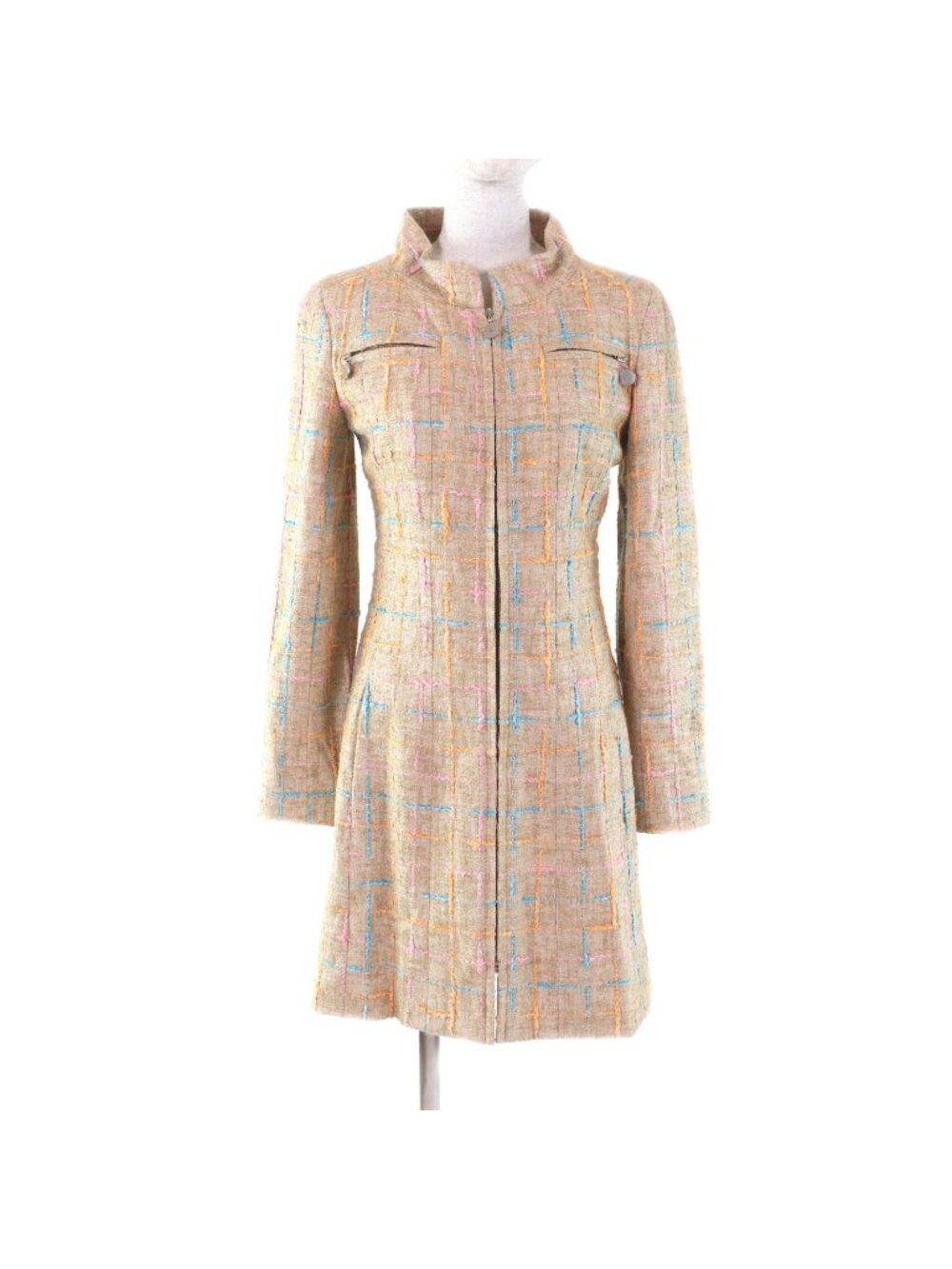 Chanel Vintage 01P CC Logo Buttoned Stand Collar Tweed Coat Beige 34